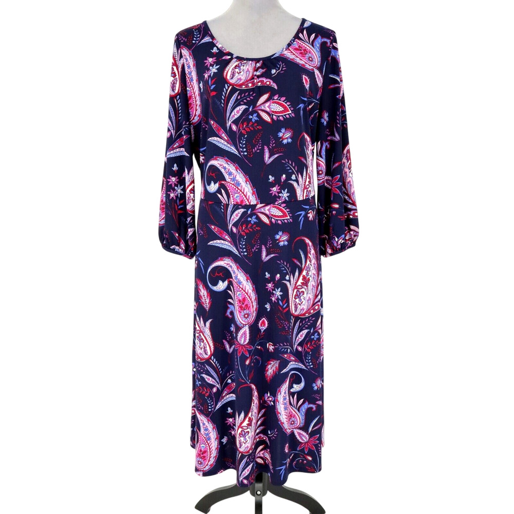 Talbots Dress Womens 16 Blue Pink Paisley Stretch Knit Midi Whimsy Party Career